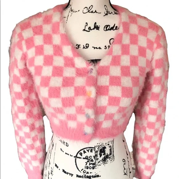 Plaid sweater pink white womens cardigan long heart buttons - Picture 11 of 12